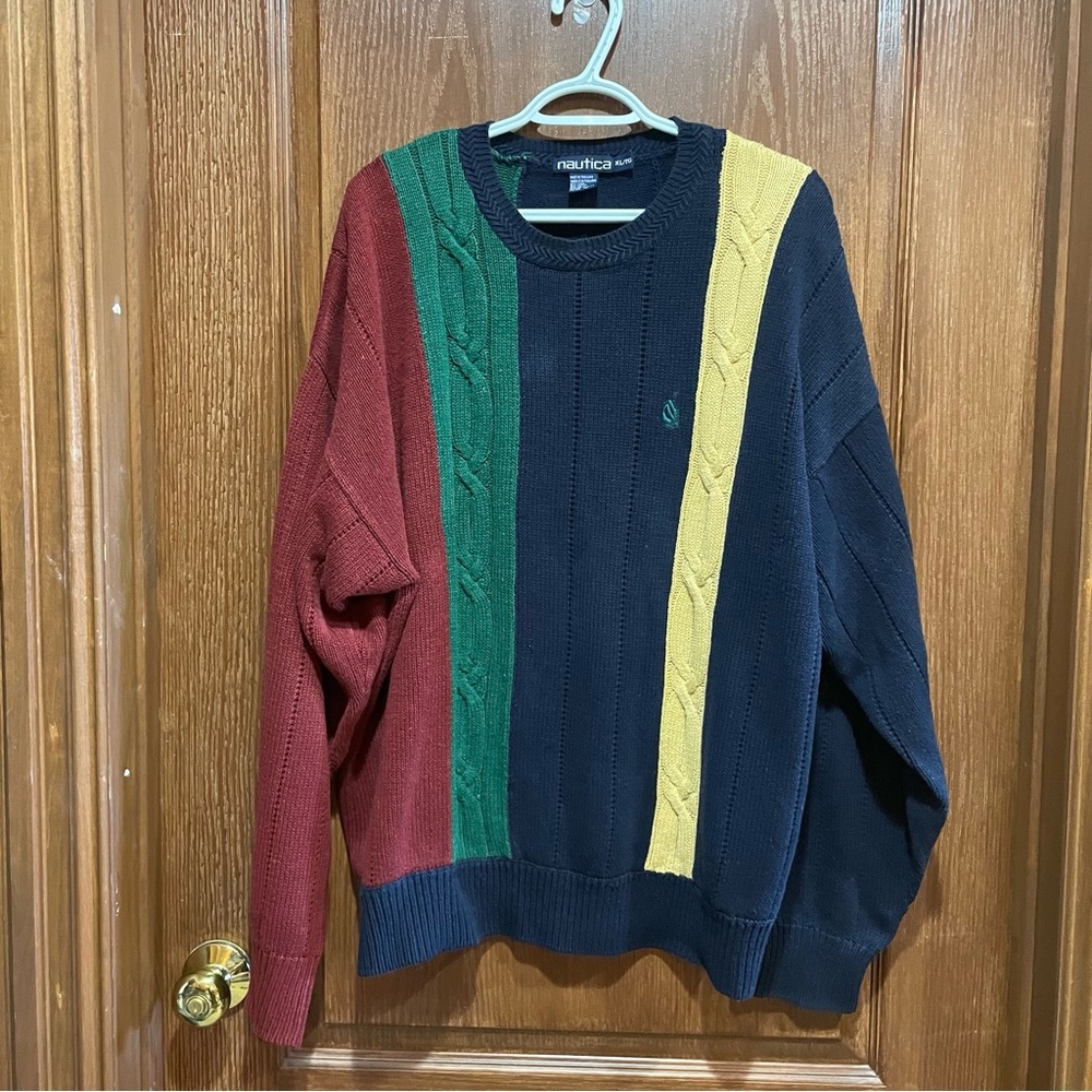 VTG Nautica Men's Colorblock Crewneck Cotton Linen Blend Sweater Size XL